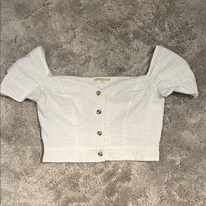 Gianni Bini White Button-Up Eyelet off the shoulder Crop Top
